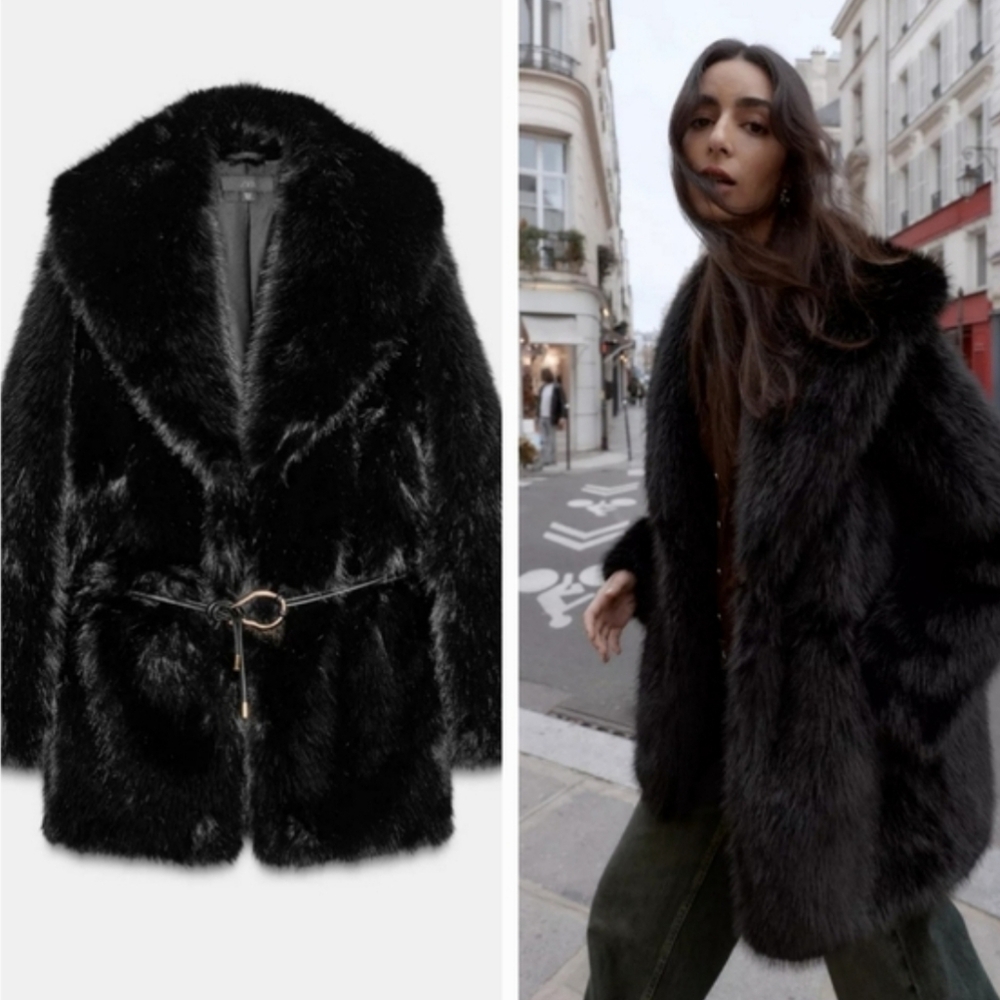 Zara FAUX FUR COAT WITH BELT BLACK - Picture 9 of 16